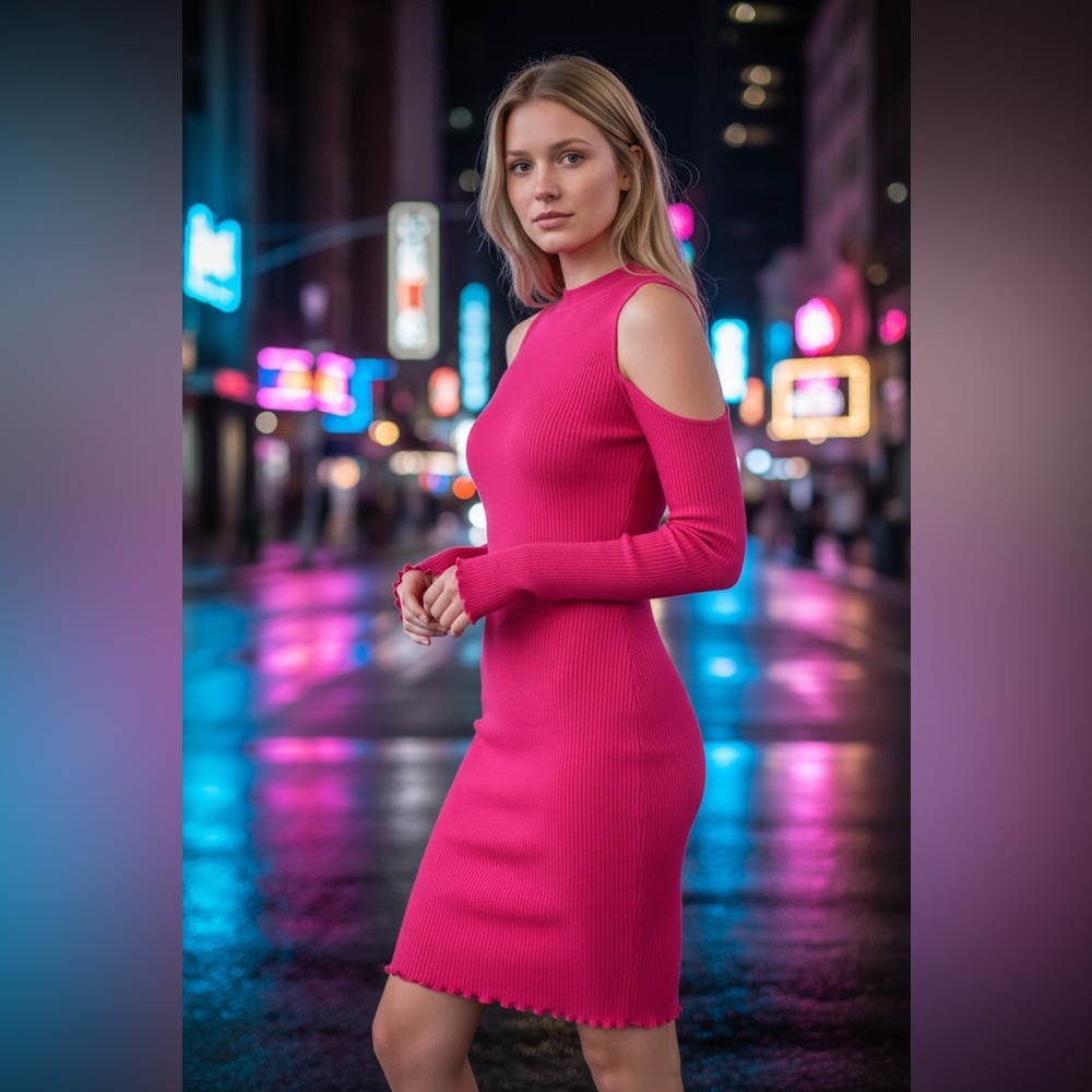 Magenta Pink Bodycon Cold Shoulder Sweater Dress